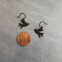 Black Bird Earrings, matte black earring, little bird earring, small bird earring, sparrow earring, flying bird earring, facing each other - Constant Baubling
