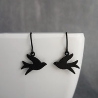 Black Bird Earrings, matte black earring, little bird earring, small bird earring, sparrow earring, flying bird earring, facing each other - Constant Baubling