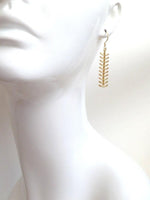 Gold Arrow Earrings, modern earring, chevron earring, fishbone earring, spine earring, vertebrae earring, feather earring, long gold dangle - Constant Baubling