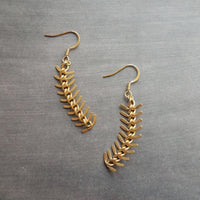 Gold Arrow Earrings, modern earring, chevron earring, fishbone earring, spine earring, vertebrae earring, feather earring, long gold dangle - Constant Baubling