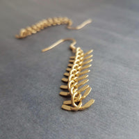 Gold Arrow Earrings, modern earring, chevron earring, fishbone earring, spine earring, vertebrae earring, feather earring, long gold dangle - Constant Baubling