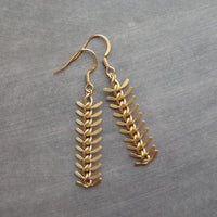 Gold Arrow Earrings, modern earring, chevron earring, fishbone earring, spine earring, vertebrae earring, feather earring, long gold dangle - Constant Baubling