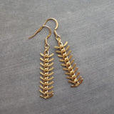 Gold Arrow Earrings, modern earring, chevron earring, fishbone earring, spine earring, vertebrae earring, feather earring, long gold dangle - Constant Baubling