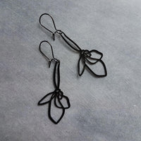 Large Black Flower Earrings, long black earrings, thin earrings, cut out earrings, big earrings, flower outline earring, lightweight kidney - Constant Baubling