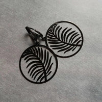Black Leaf Earring, black earring, lever back earring, black huggie hoop, black palm leaves, round black earring, black silhouette, tropical - Constant Baubling