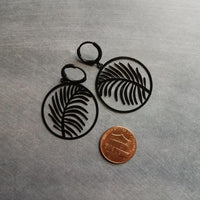 Black Leaf Earring, black earring, lever back earring, black huggie hoop, black palm leaves, round black earring, black silhouette, tropical - Constant Baubling