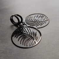 Black Leaf Earring, black earring, lever back earring, black huggie hoop, black palm leaves, round black earring, black silhouette, tropical - Constant Baubling