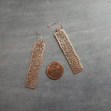 Long Rose Gold Rectangle Earrings, skeleton leaf earring, organic shape, rose gold filigree earring, thin rectangle earring, narrow - Constant Baubling
