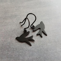 Black Bird Earrings, matte black earring, little bird earring, small bird earring, sparrow earring, flying bird earring, facing each other - Constant Baubling