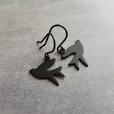 Black Bird Earrings, matte black earring, little bird earring, small bird earring, sparrow earring, flying bird earring, facing each other - Constant Baubling