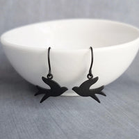 Black Bird Earrings, matte black earring, little bird earring, small bird earring, sparrow earring, flying bird earring, facing each other - Constant Baubling