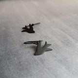 Black Bird Earrings, matte black earring, little bird earring, small bird earring, sparrow earring, flying bird earring, facing each other - Constant Baubling