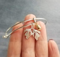 Oak Tree Bracelet, silver leaves charm, small gold acorn, acorn bracelet, leaves bangle, autumn bracelet, fall birthday gift, tree woods - Constant Baubling