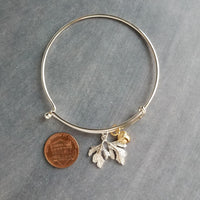 Oak Tree Bracelet, silver leaves charm, small gold acorn, acorn bracelet, leaves bangle, autumn bracelet, fall birthday gift, tree woods - Constant Baubling