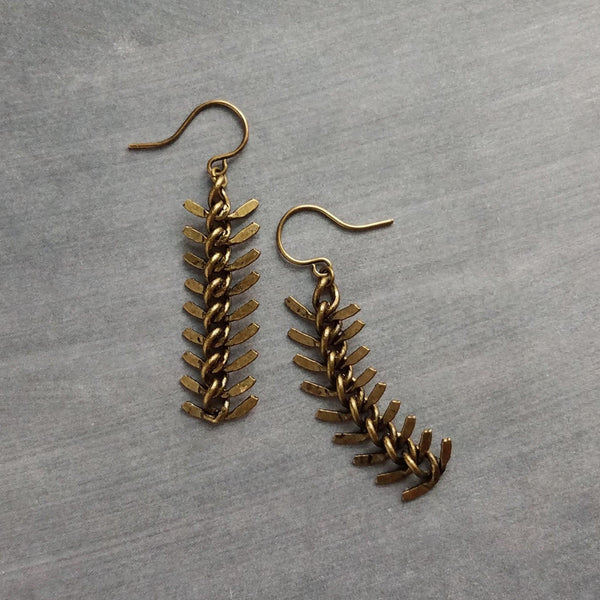 Bronze Arrow Earrings, antique brass earring, long modern earring, chevron earring, fish bone earring, spine vertebrae, feather earring - Constant Baubling