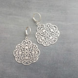 Silver Medallion Earrings, Morrocan earring, silver lacy earring, silver filigree earring, floral earring, cut out design, snap huggie hoop - Constant Baubling