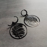 Black Leaf Earring, black earring, lever back earring, black huggie hoop, black palm leaves, round black earring, black silhouette, tropical - Constant Baubling