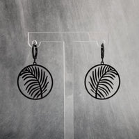 Black Leaf Earring, black earring, lever back earring, black huggie hoop, black palm leaves, round black earring, black silhouette, tropical - Constant Baubling
