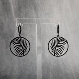 Black Leaf Earring, black earring, lever back earring, black huggie hoop, black palm leaves, round black earring, black silhouette, tropical - Constant Baubling