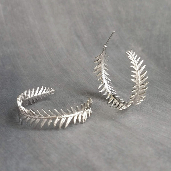 Silver Fern Earrings, branch hoop earring, fern hoop earrings, 1 inch hoop, tiny leaves hoop, rhodium hoops, leafy hoop, wispy plant earring - Constant Baubling