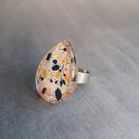 Large Teardrop Ring, tiny floral print glass tear drop, hypoallergenic stainless steel ring, mustard navy pink flowers small buds, statement - Constant Baubling