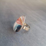 80s Ring, pastel colors ring, color splash ring, abstract ring, glass tear drop, hypoallergenic stainless steel ring, pink blue adjustable - Constant Baubling