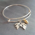 Oak Tree Bracelet, silver leaves charm, small gold acorn, acorn bracelet, leaves bangle, autumn bracelet, fall birthday gift, tree woods - Constant Baubling