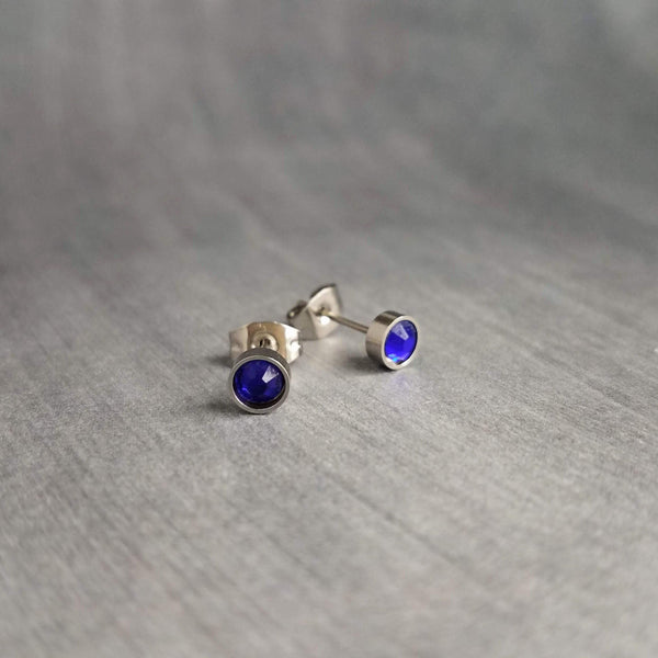 Tiny Silver Stud Earrings, cobalt blue stud, blue purple earring, stainless steel studs, hypoallergenic earring, girls 5mm, small round - Constant Baubling