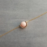 Gold Pink Stone Necklace, eclipse necklace, pink Peruvian opal necklace, gold semicircle, half circle, pale pink opal gemstone, anti anxiety - Constant Baubling