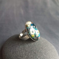 Oval Large Ring, floral ring, colorful ring, abstract ring, statement ring, hypoallergenic, stainless steel adjustable wide band, blue green - Constant Baubling