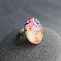 Watercolor Ring, bright color ring, floral ring, abstract ring, rainbow colors, oval ring, hypoallergenic, silver stainless steel adjustable - Constant Baubling