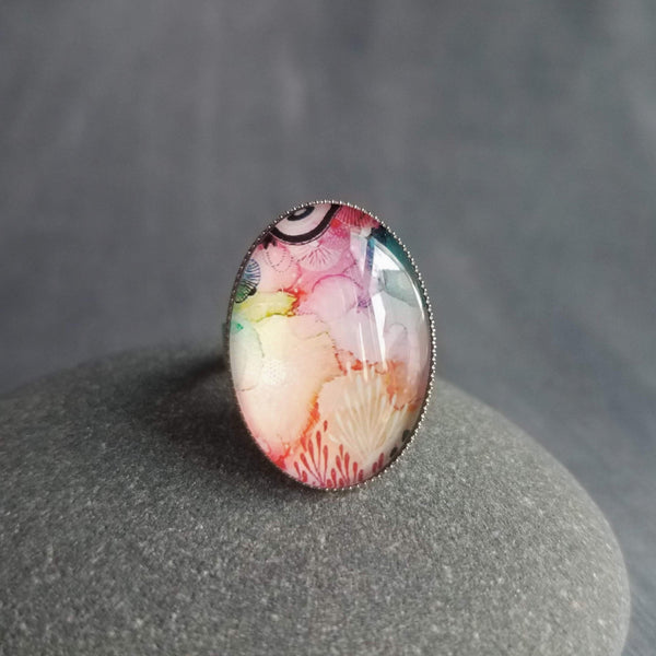 Watercolor Ring, bright color ring, floral ring, abstract ring, rainbow colors, oval ring, hypoallergenic, silver stainless steel adjustable - Constant Baubling