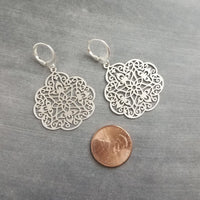 Silver Medallion Earrings, Morrocan earring, silver lacy earring, silver filigree earring, floral earring, cut out design, snap huggie hoop - Constant Baubling