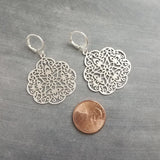 Silver Medallion Earrings, Morrocan earring, silver lacy earring, silver filigree earring, floral earring, cut out design, snap huggie hoop - Constant Baubling