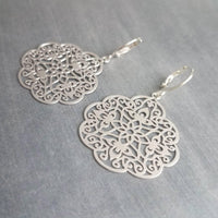 Silver Medallion Earrings, Morrocan earring, silver lacy earring, silver filigree earring, floral earring, cut out design, snap huggie hoop - Constant Baubling