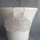 Silver Medallion Earrings, Morrocan earring, silver lacy earring, silver filigree earring, floral earring, cut out design, snap huggie hoop - Constant Baubling