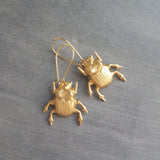 Gold Beetle Earrings, large beetle earring, gold insect earring, big bug earring, insect jewelry, gold bug dangle, latching kidney ear hook - Constant Baubling