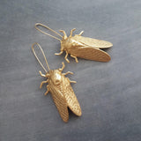 Large Cicada Earrings, gold bug earring, huge gold insect, big bug earring, gold insect jewelry, gold bug dangle, latching kidney ear hook - Constant Baubling