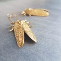 Large Cicada Earrings, gold bug earring, huge gold insect, big bug earring, gold insect jewelry, gold bug dangle, latching kidney ear hook - Constant Baubling