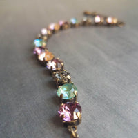 Chunky Fall Bracelet, autumn color bracelet, large crystal bracelet, antique bronze chain, old gold bracelet, sparkling green orange purple - Constant Baubling