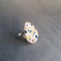 Large Teardrop Ring, tiny floral print glass tear drop, hypoallergenic stainless steel ring, mustard navy pink flowers small buds, statement - Constant Baubling