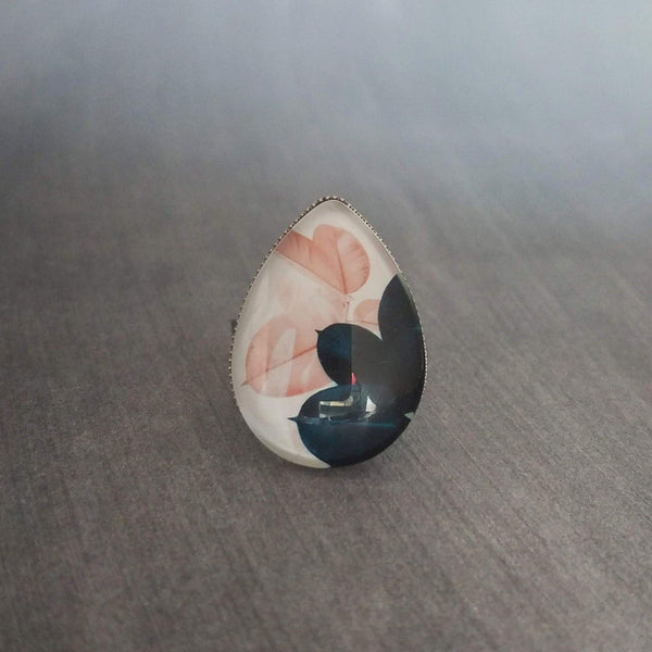 Pink Navy Blue Ring, salmon pink leaves, navy blue leaves, glass tear drop, hypoallergenic stainless steel ring, floral statement adjustable - Constant Baubling