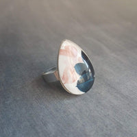 Pink Navy Blue Ring, salmon pink leaves, navy blue leaves, glass tear drop, hypoallergenic stainless steel ring, floral statement adjustable - Constant Baubling