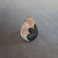 Pink Navy Blue Ring, salmon pink leaves, navy blue leaves, glass tear drop, hypoallergenic stainless steel ring, floral statement adjustable - Constant Baubling