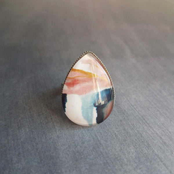 80s Ring, pastel colors ring, color splash ring, abstract ring, glass tear drop, hypoallergenic stainless steel ring, pink blue adjustable - Constant Baubling