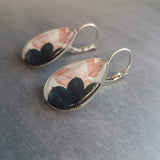 Navy Blue Pink Earrings, hypoallergenic lever back, stainless steel earring, big salmon leaf, pear shape, large navy blue leaves, glass drop - Constant Baubling