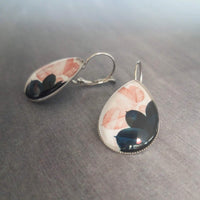 Navy Blue Pink Earrings, hypoallergenic lever back, stainless steel earring, big salmon leaf, pear shape, large navy blue leaves, glass drop - Constant Baubling