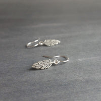 Antique Silver Feather Earrings, blackened silver feather, tiny feather earring, small silver feather, little feather dangle, simple feather - Constant Baubling