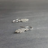 Antique Silver Feather Earrings, blackened silver feather, tiny feather earring, small silver feather, little feather dangle, simple feather - Constant Baubling