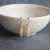 Tiny Gold Feather Earrings, small feather earring, tiny feather earring, gold feather charm, little feather dangle, simple gold feather - Constant Baubling